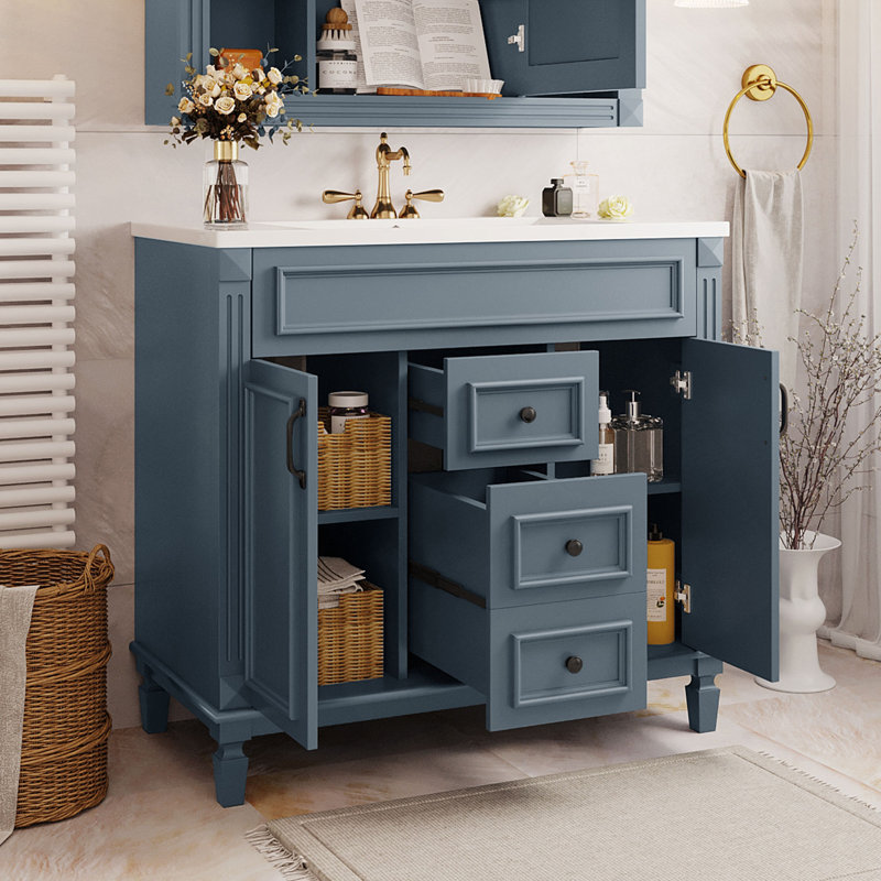 Meuble-lavabo moderne 36 po avec lavabo intégré, Bleu