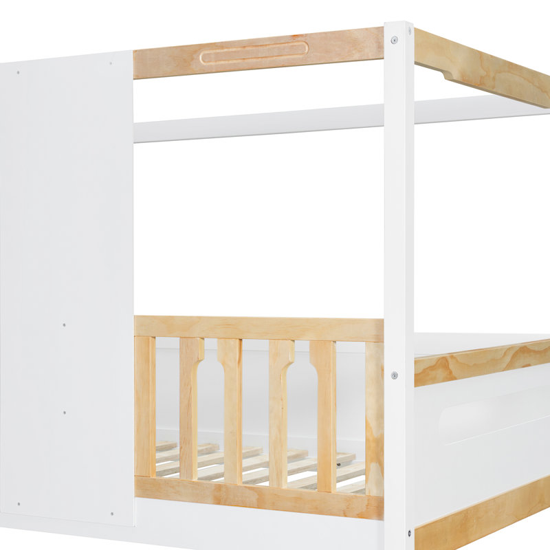 Lits mezzanine jumeaux pour enfants avec glissade et étagères de rangement, en MDF blanc naturel., Blanc2