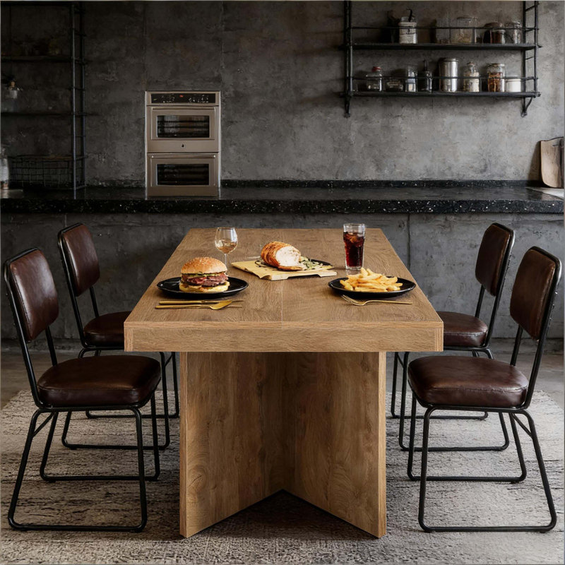 Table de salle à manger ferme robuste pour la maison, la cuisine, le bureau et les espaces de rassemblement avec une surface spacieuse et un design en grain de bois intemporel.