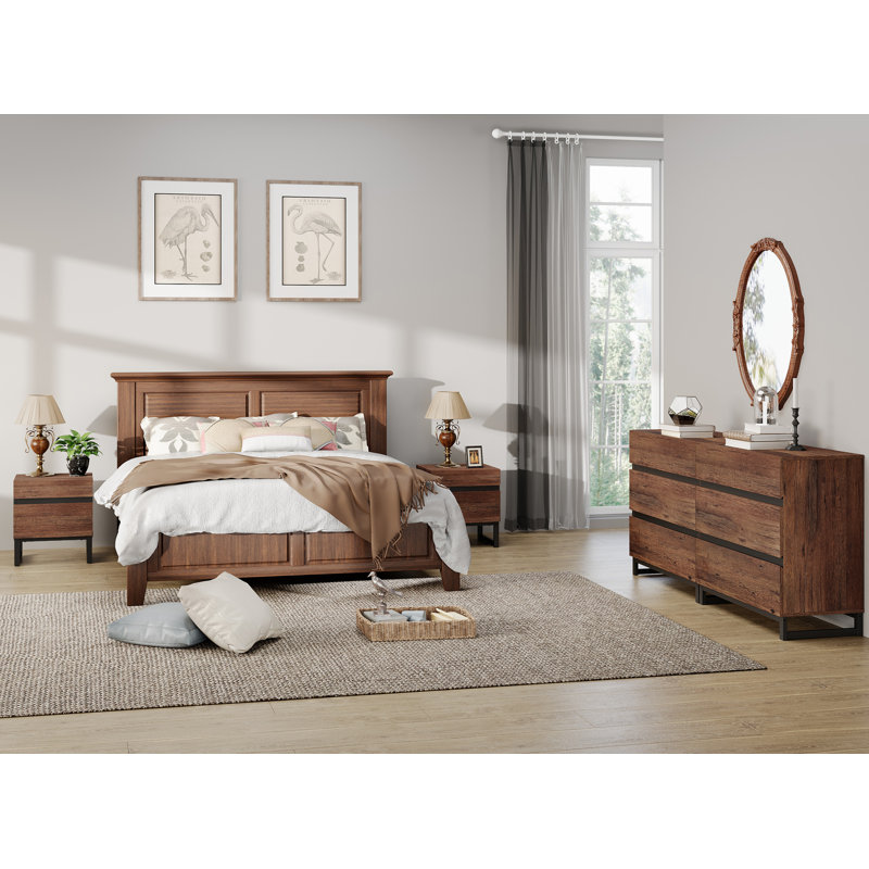 Ensemble de commode et table de chevet 3 pièces Lirah, commode de 63 pouces à 6 tiroirs, table de chevet à 2 tiroirs et armoire pour chambre à coucher, brun