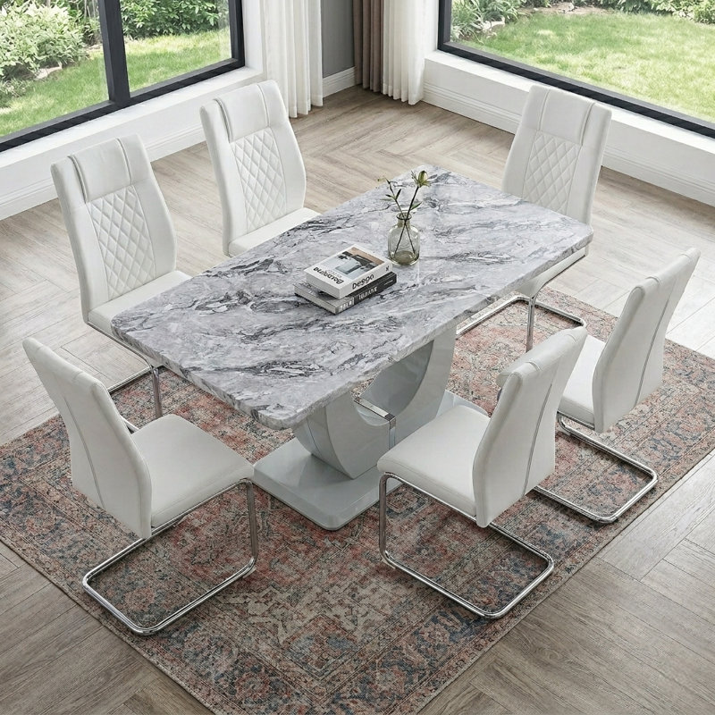 Ensemble repas 7 pièces Kimara, Blanc, 7 pièces : table, 6 chaises
