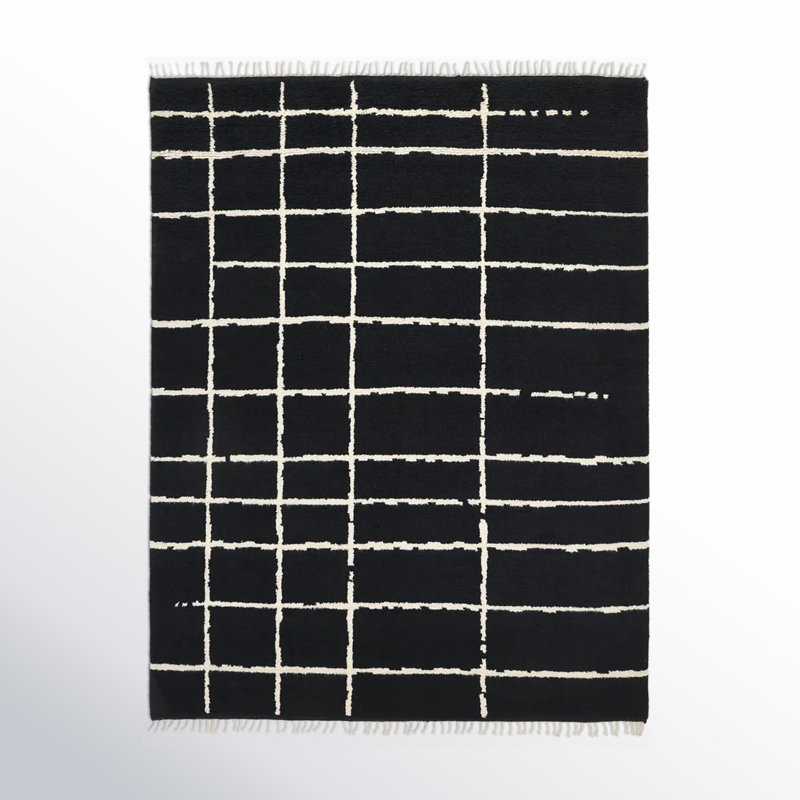 Tapis rectangulaire noir / blanc en coton / laine noué à la main Hoxton, Rectangle 6 pi x 9 pi