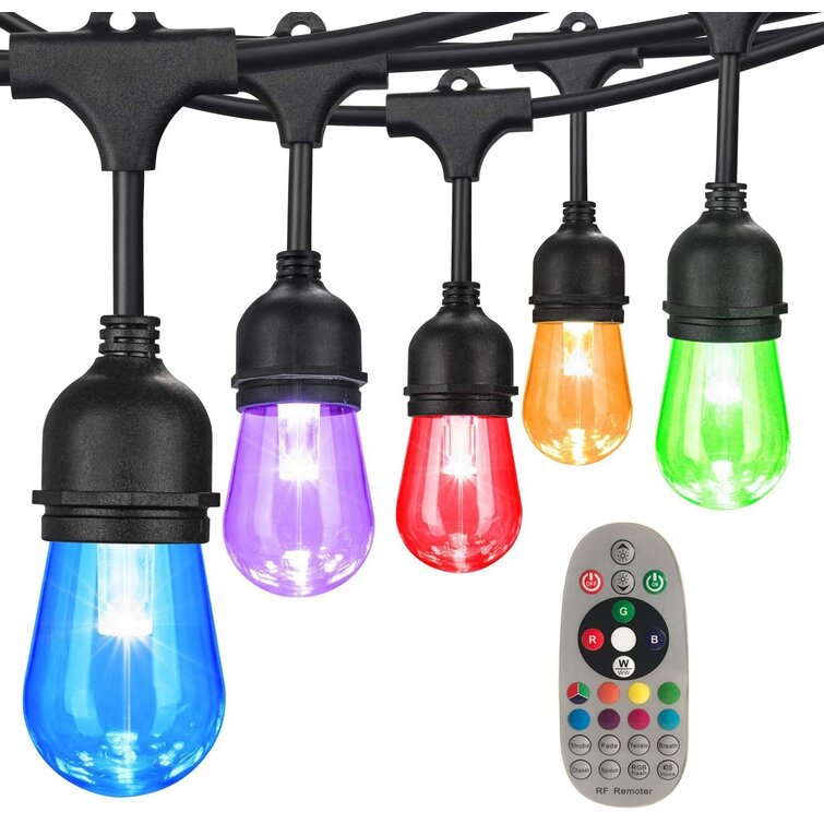 48FT Outdoor String Light with 15pcs RGBWW Light Bulbs Music-Synced Color Changing Linkable