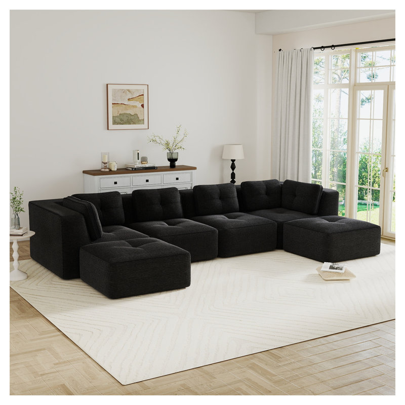 Canapé modulaire en velours côtelé 4 places avec 2 repose-pieds mobiles, aucun assemblage requis, Velours côtelé noir