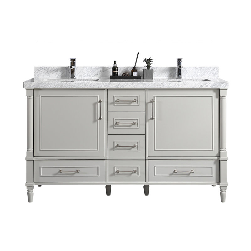Ensemble de meuble-lavabo double 60 po Flavell, Marbre de Carrare droit, Gris Coventry