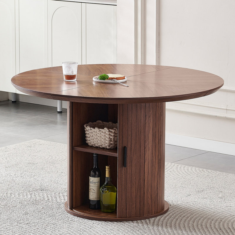 Table de salle à manger ronde avec deux couches de tablettes de rangement. Bureau à thé en bois, porte de rangement à ouverture flexible. Grand espace de rangement, salon ou cuisine