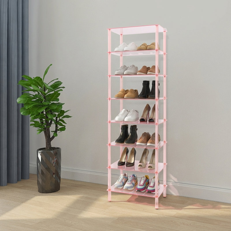 8 Tiers Tall Rectangular Acrylic Floorstanding Shoe Rack Shoe Storage Shelf For Entryway Pink Clear, Pink Clear