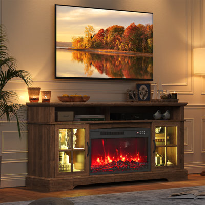 Farmhouse Fireplace TV Stand, Media Console With Glass Cabinets, Adjustable Shelves & Built-In Cable Holes