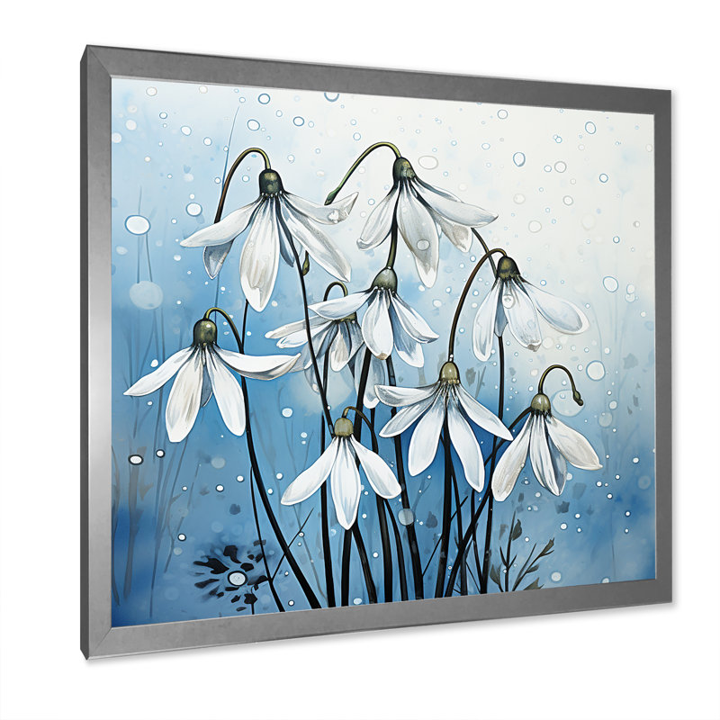 Minimalisme bleu et blanc «Snowdrops Bloom I», reproduction sur toile, Cadre simple argenté, H 30 po x l 30 po x P 1 po