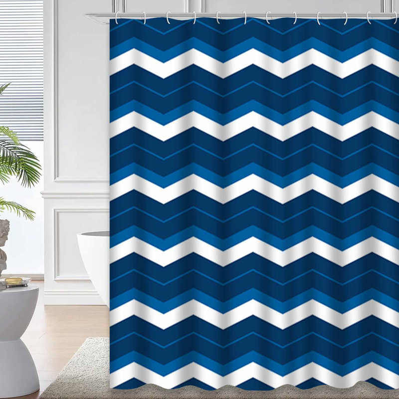 Rideau de douche géométrique à chevrons zigzag bleu avec 12 crochets, L 72 po x l 78 po