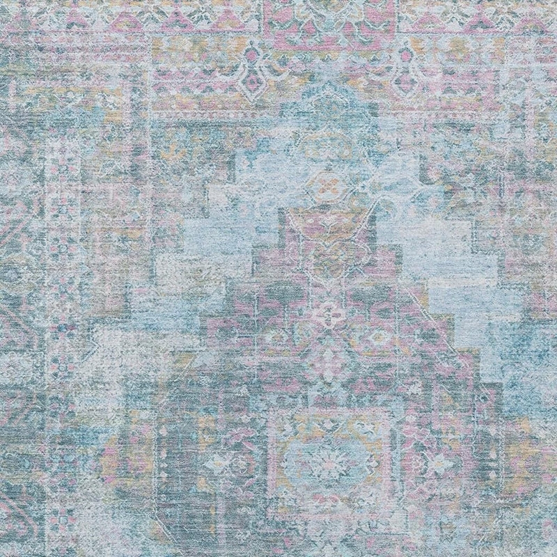 3' X 5' Blue And Pink Medallion Washable Indoor Outdoor Area Rug