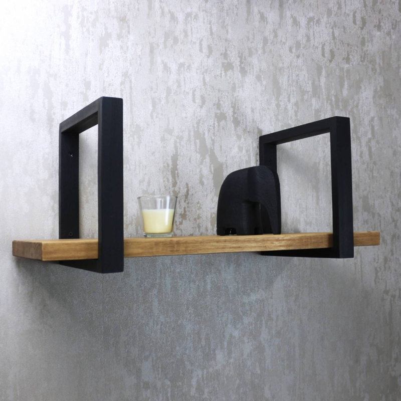 Antique Brown Pine Wood Wall Shelf with Black Metal Brackets