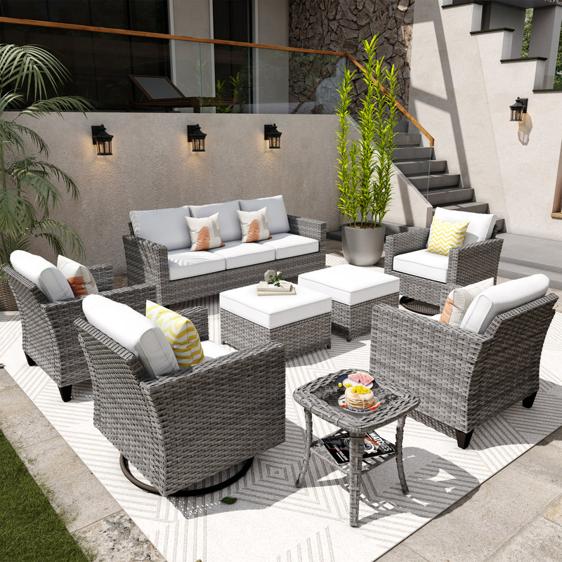 GRS Premium All-Weather Wicker 9 - Person Patio Conversation Set with Cushions, Gray, No