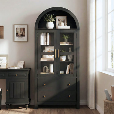 71" Tall Arched Cabinet, Modern Farmhouse Wood Storage Cabinets with 2 Large Drawers and Adjustable Shelves