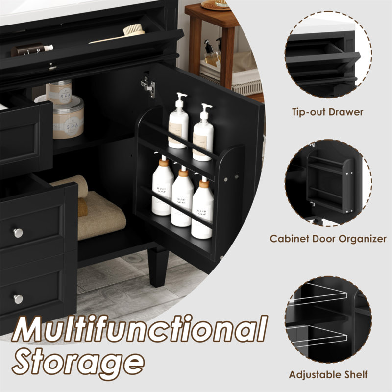 Meuble-lavabo moderne de 36 pouces avec lavabo supérieur, 2 tiroirs, tiroir basculant et armoire de rangement spacieuse pour une organisation efficace