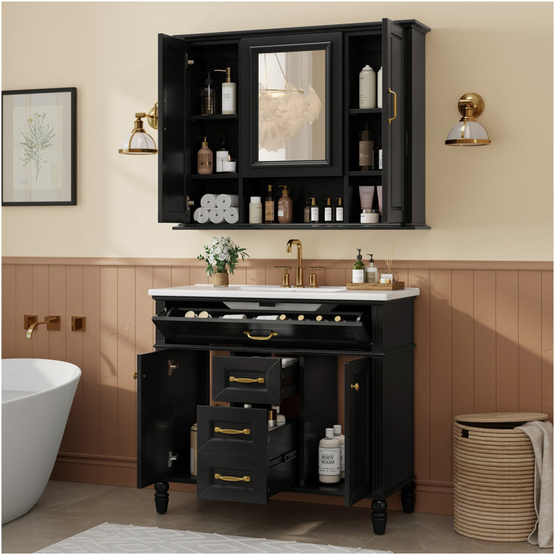 36" Bathroom Vanity With Sink, Freestanding Modern Vanity Cabinet With Soft-Close Drawers And Tip-Out Tray, Single Sink Bathroom Vanity With Storage And Matching Mirror Cabinet