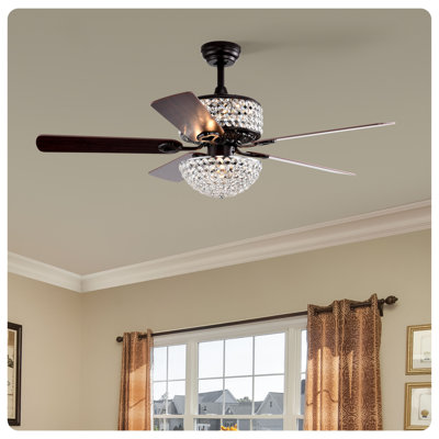 52 Inch  Dual Crystal Shade Ceiling Fan With 5 Wood Blades, Two-Colour Fan Blade, AC Motor, Remote Control, Reversible Airflow, Multi-Speed, Adjustable Height, Traditional Ceiling Fa (No Include Bulbs)