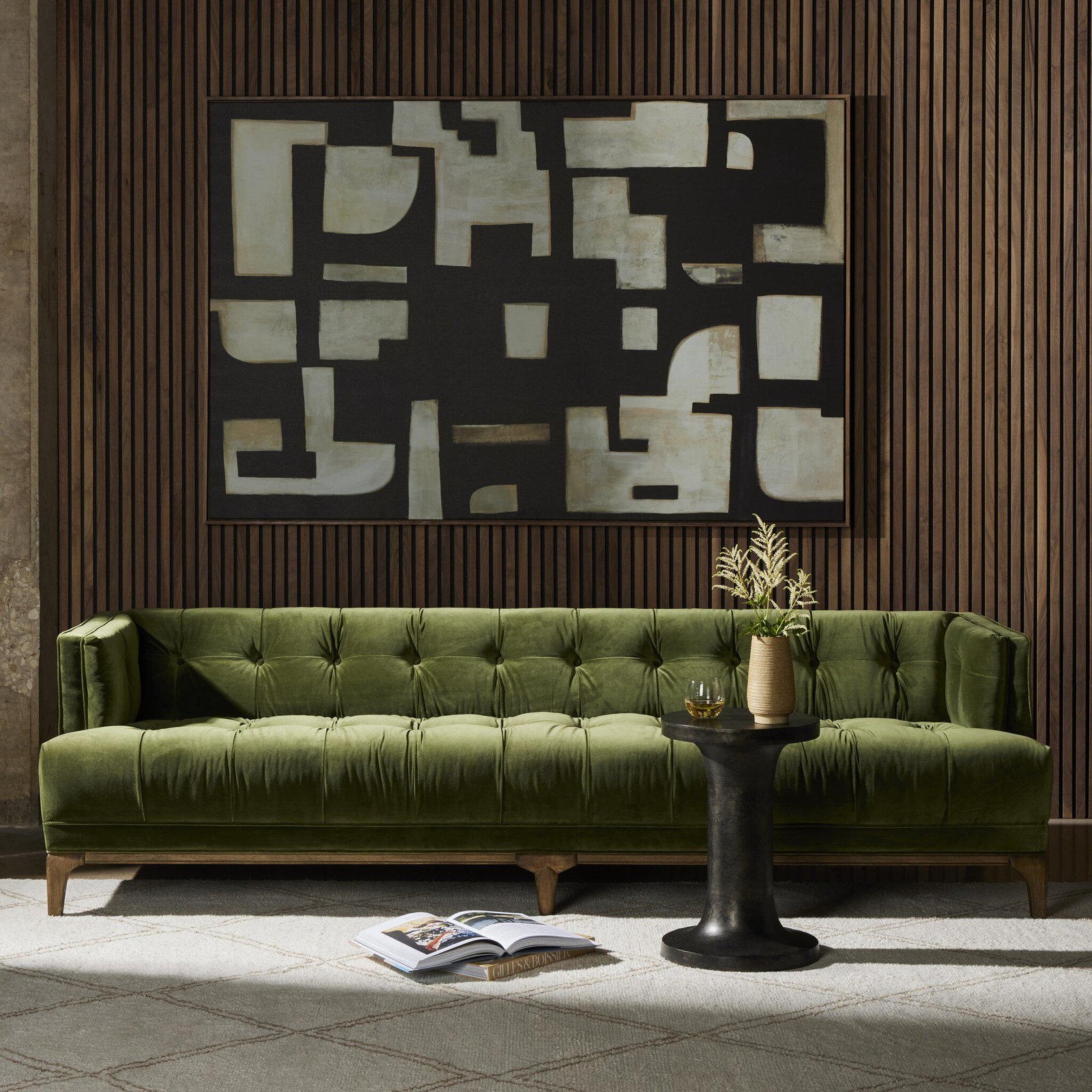 Bari 91'' Tufted Tuxedo Sofa, Sapphire Olive Velvet, Aspen Gray