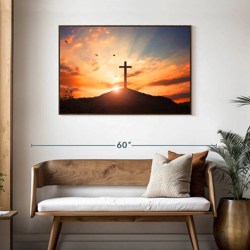 Coucher de soleil en croix, Cadre flottant noyer, 43 po x 29 po