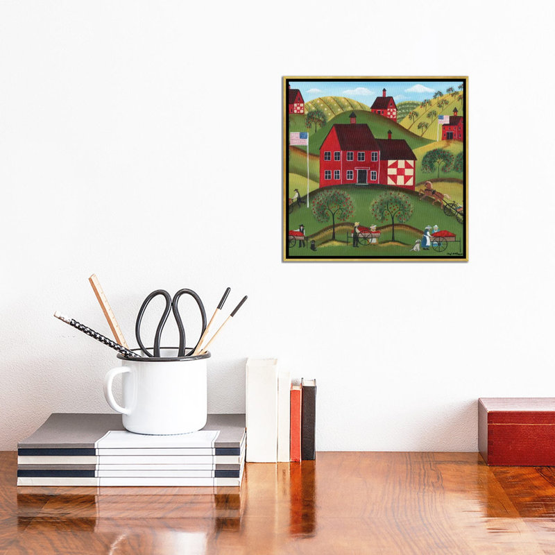 Primitive Americana Red Apple Barn par Cheryl Bartley - impression sur toile tendue, H 12 po x l 12 po x P 1,5 po, Cadre doré