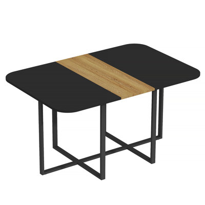 Multi-Functional Kitchen Table - Waterproof MDF Desktop with Natural Wood Strip and Sturdy Metal Base for Dining and Working