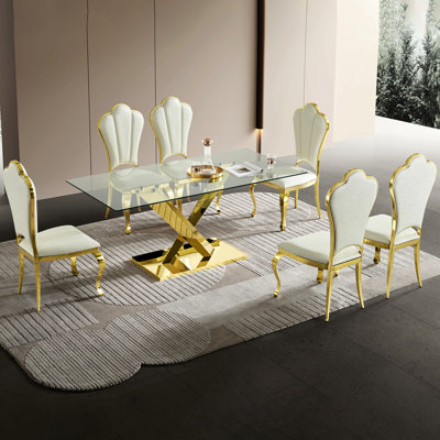 Table de salle à manger rectangulaire dorée en acier inoxydable avec plateau en verre trempé de 70,82 pouces, plateau transparent, léger et élégant, pieds, intérieur contemporain, espace optimisé