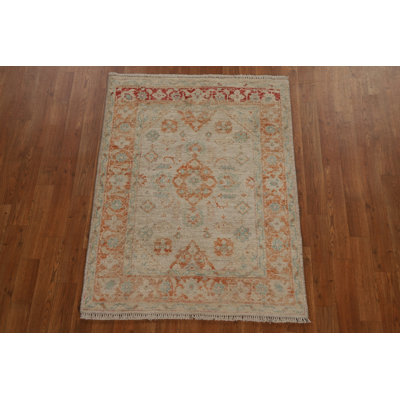 Tapis beige en laine noué à la main de conception unique 2 pi 11 po x 3 pi 11 po New Age