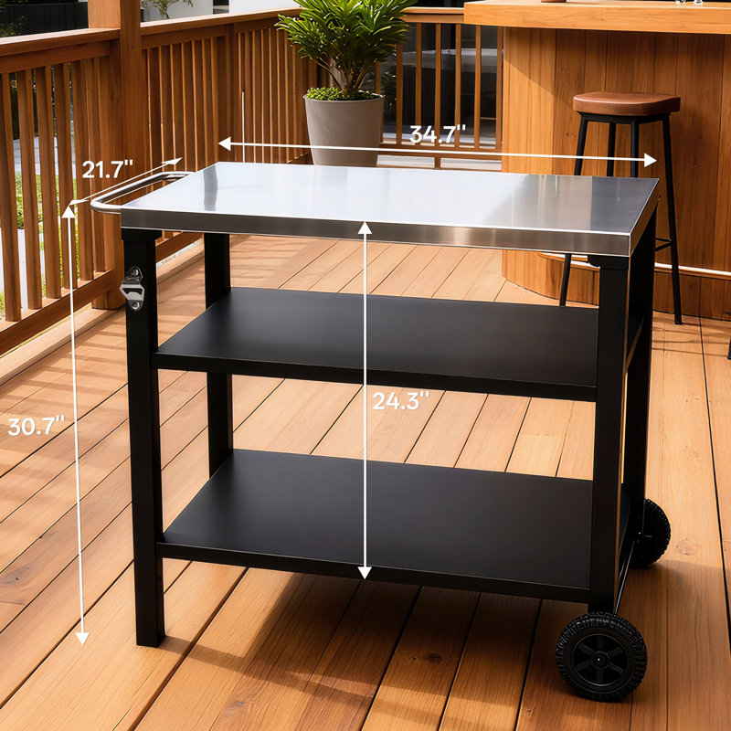 Chariot de barbecue extérieur à 3 niveaux avec surface en acier inoxydable, roues de table de préparation barbecue, barre de service roulante pour patio et cour arrière, support de four à pizza en noir, construction, grand rangement, stable