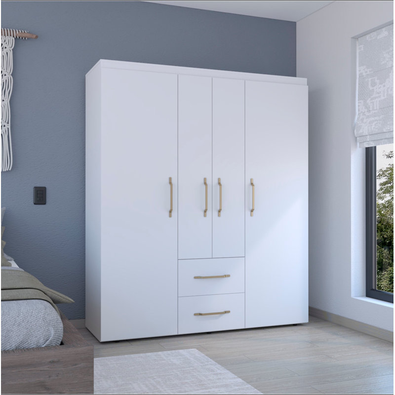 Armoire Bariloche, rangement multi-sections avec tringles de suspension, tablettes et 2 tiroirs