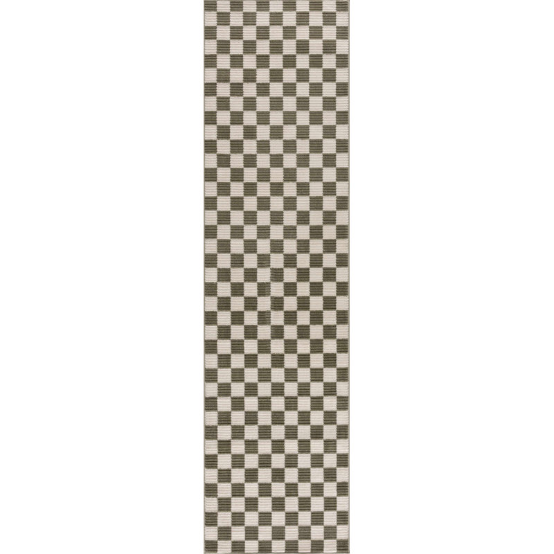 Chuby Checkered Machine Washable Cream / Off White / Petrol Blue Area Rug, Runner 2'7" x 10', Petrol Blue