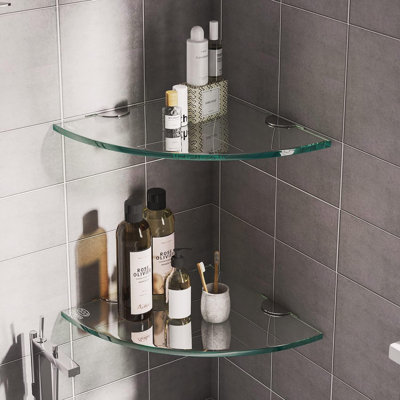 Ensemble de 4 tablettes d'angle transparentes, support de douche pour salle de bain épais ou adhésif de 8 mm, organisateur peu encombrant pour la cuisine, la buanderie, le salon, 9,5 po x 9,5 po, capacité de 20 lb