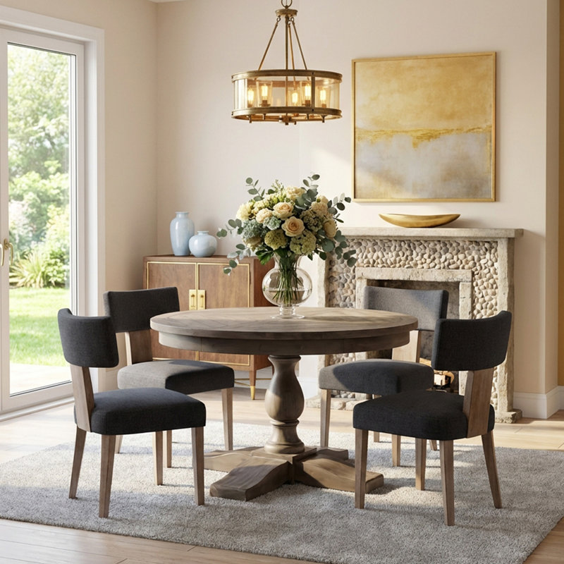 5-Piece Dining Set Mid-Century Modern Wooden Table & Upholstered Chair Set For Home, Kitchen, Dining Room, Coffee
