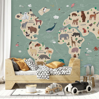 Kids World Map Animal Print Wallpaper -  wallpaew, 1333828247W39