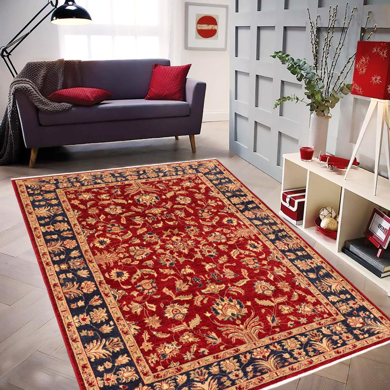 Tapis rouge / bleu en laine noué à la main 6 pi 3 po x 8 pi 10 po Baccio