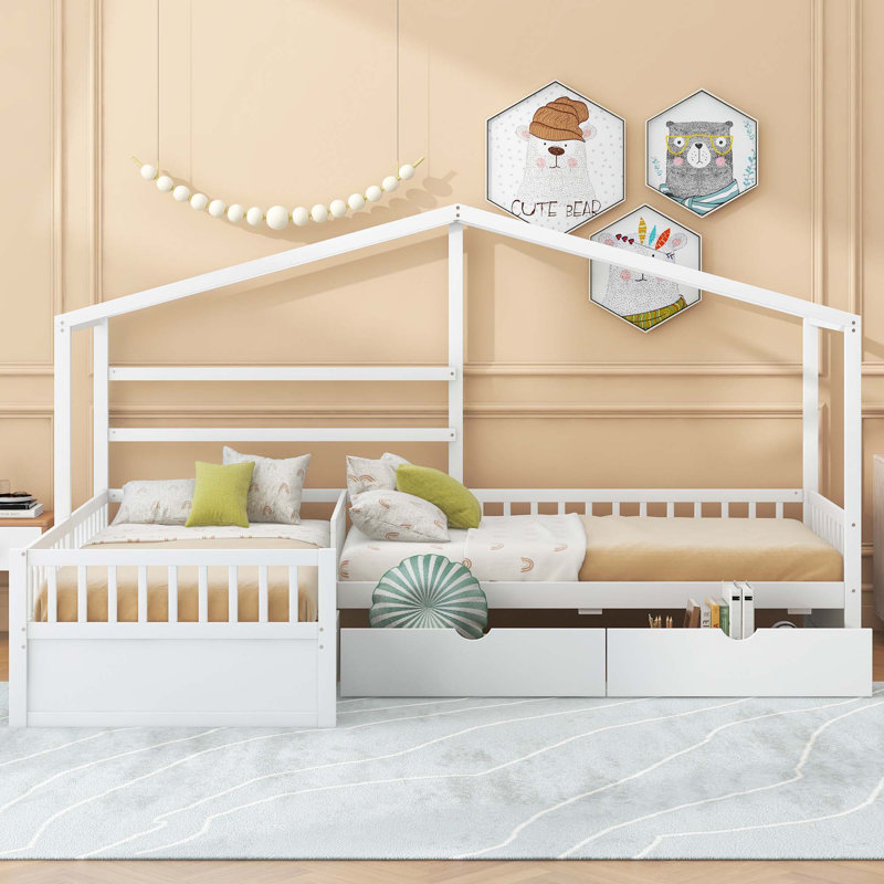 Lit plateforme House avec trois tiroirs de rangement, Blanc