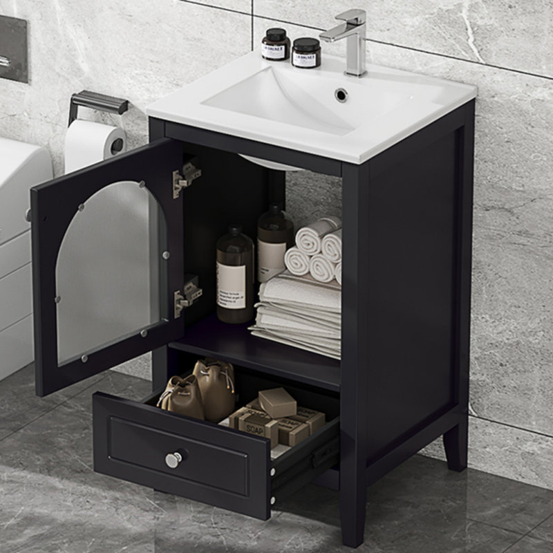 Meuble-lavabo de 20 po avec lavabo, armoire de salle de bain avec porte en verre à fermeture douce, tiroir et meuble-lavabo