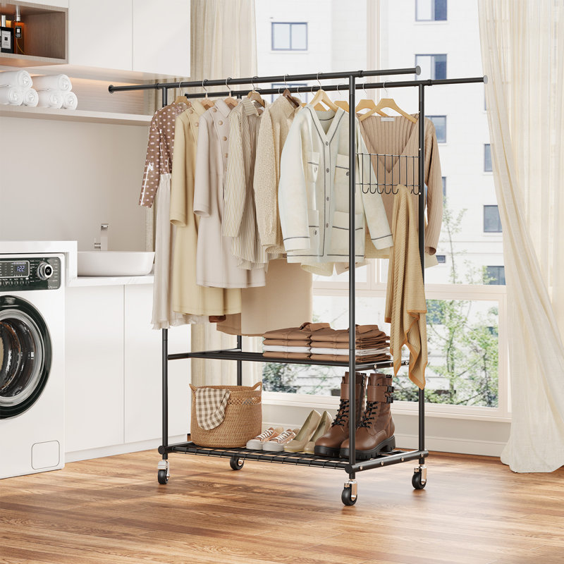 Heavy Duty Clothes Rack Load 550 Lbs, Rolling Clothing Rack with Double Rod & Shelves, Height Adjustable, Portable Wardrobe Organizer Garment Rod for Hanging Clothes