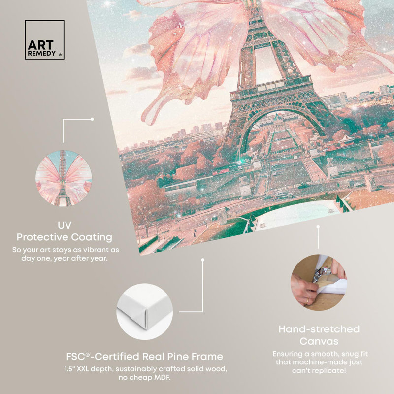 Art mural papillon rose sur toile, Tour Eiffel, Toile tendue, H 30 po x l 20 po