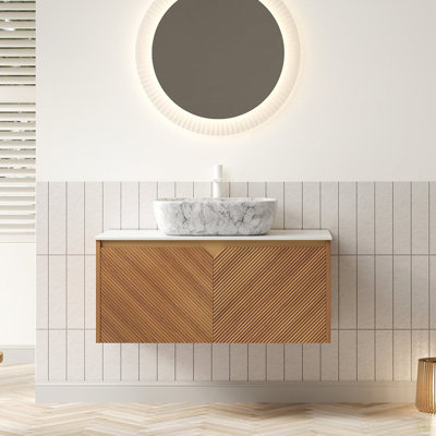 36" Bathroom Vanity Sink, Floating Plywood Storage Cabinet, Twill Double Doors With Metal Trim, Marble Pattern Ceramic Vessel Basin Carrara  Sinte Stone Top