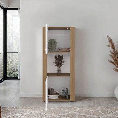 Armoire de rangement verticale en chêne naturel et blanc pour les salles à manger, maximise la capacité dans les petits espaces de vie Conception moderne avec affichage horizontal primaire améliore l'organisation limitée
