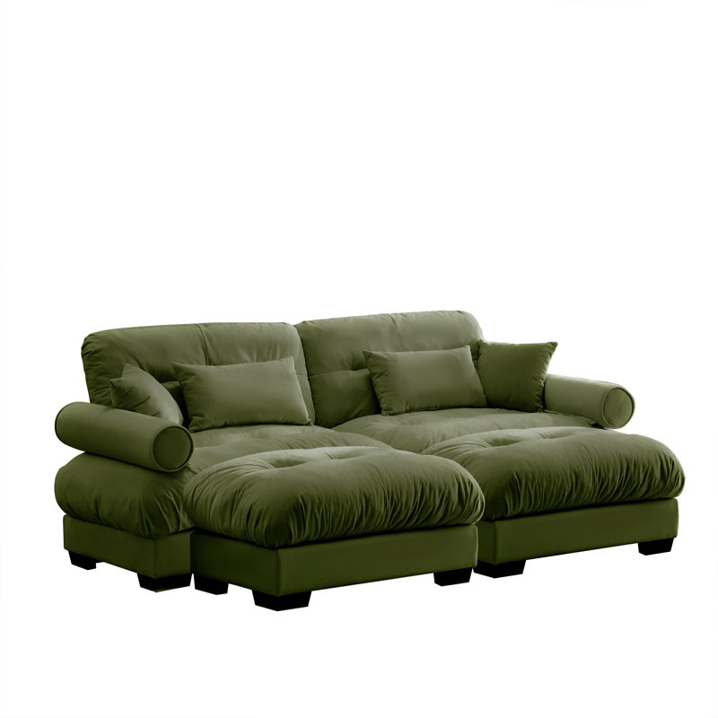 Canapé double surdimensionné en velours moderne avec accoudoirs rembourrés ronds et repose-pieds avec coussins lombaires et coussins décoratifs