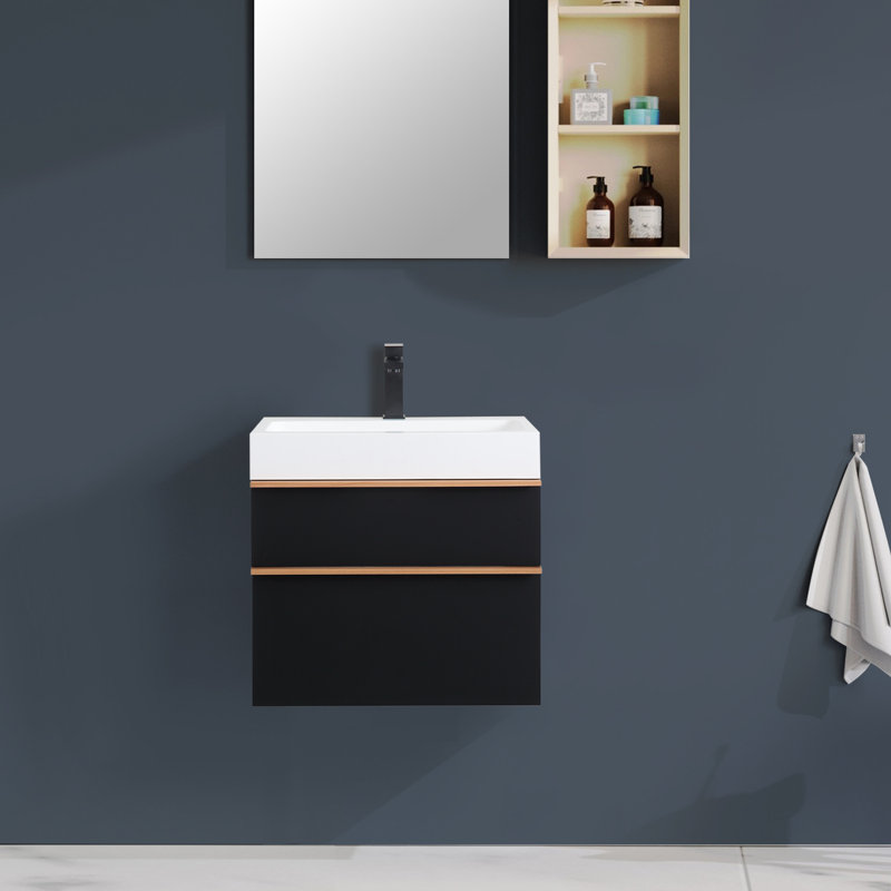 24,02 po Meuble-lavabo mural noir avec comptoir en acrylique intégré blanc et lavabo non assemblé, Noir