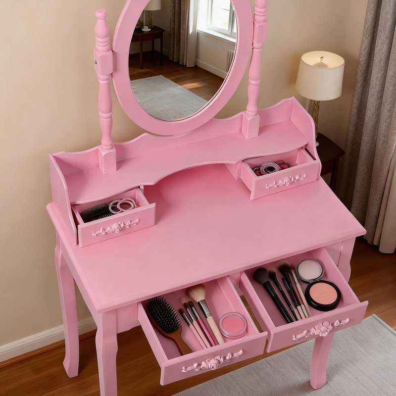 Vanity Desk Set With Mirror And Cushioned Stool, 4-Drawer Wooden Makeup Vanity Table For Bedroom, Pink