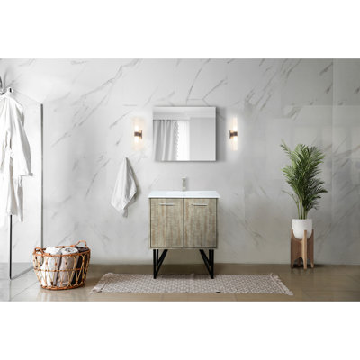 Meuble-lavabo rustique de 30 po avec comptoir en quartz blanc durable, robinet en nickel brossé et miroir à panneau mural de 28 po avec fixation