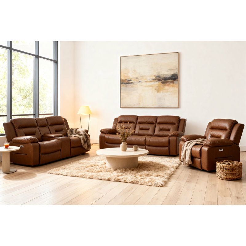 Ensemble de salon 3 pièces 5 fauteuils inclinables électriques avec console de rangement et port USB intégré, Marron clair