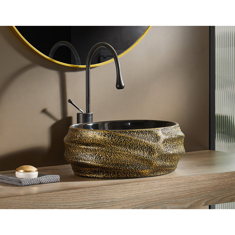 Antique Gold and Black Oval Ceramic Above-Counter Sink