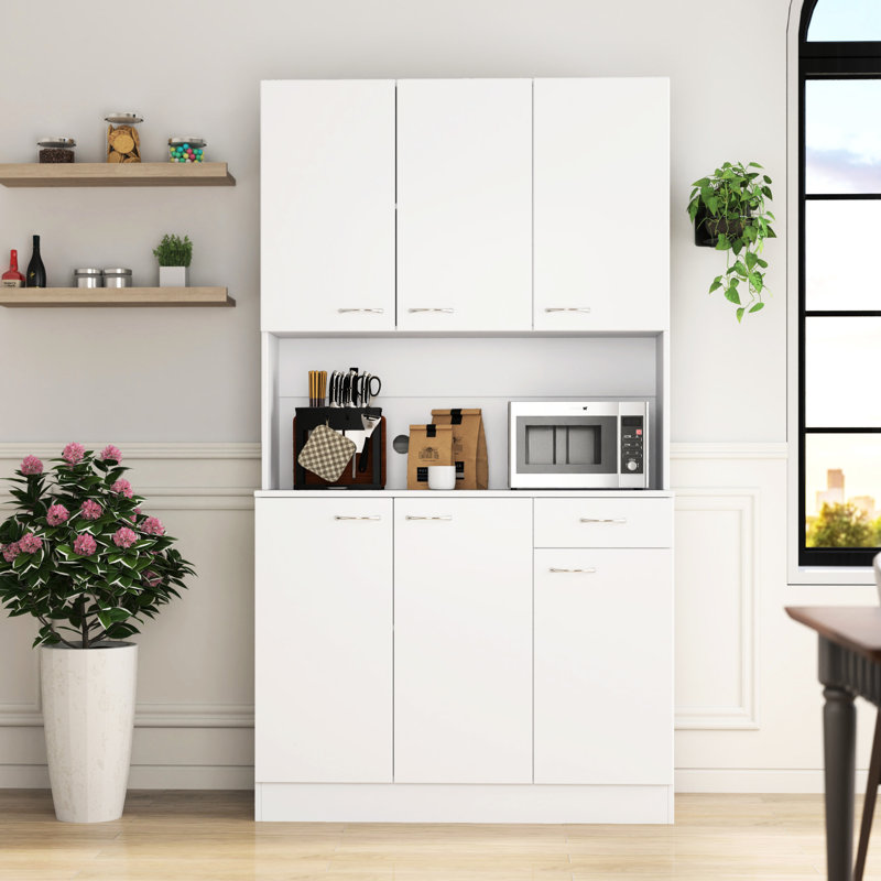 Armoire de cuisine et armoire blanche de 69,5 po de hauteur avec 6 portes, 1 tablette, tiroir - moderne et élégant pour la cuisine de la chambre à coucher, tiroir ouvert, qualité de fabrication
