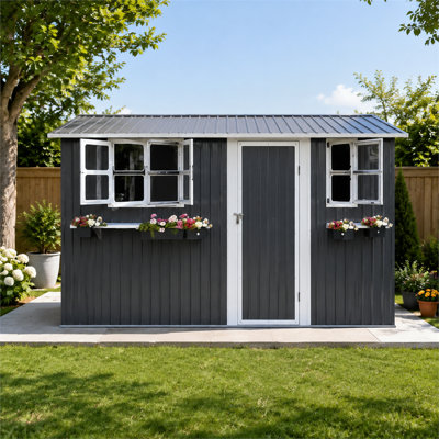 Abri de jardin gris avec fenêtres