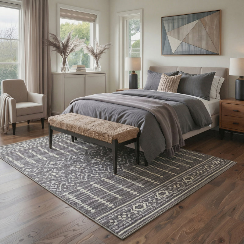 Zemara Boho Machine Washable Grey / Beige Indoor Area Rug with Non-Slip Backing, Rectangle 5' x 7'