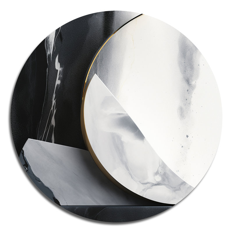 Harmonie de marbre noir et or noir II - art abstrait rond en marbre sur métal, H 23 po x l 23 po x P 1 po